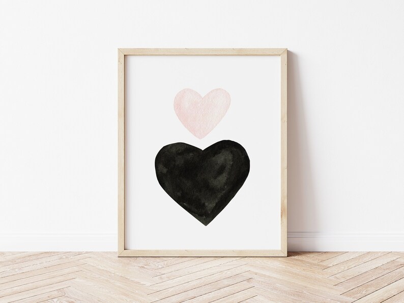 Watercolor Hearts Wall Art, Minimalist Hearts Decor, Black and Pink Valentines Day Print, Modern Nursery Decor DIGITAL DOWNLOAD image 1