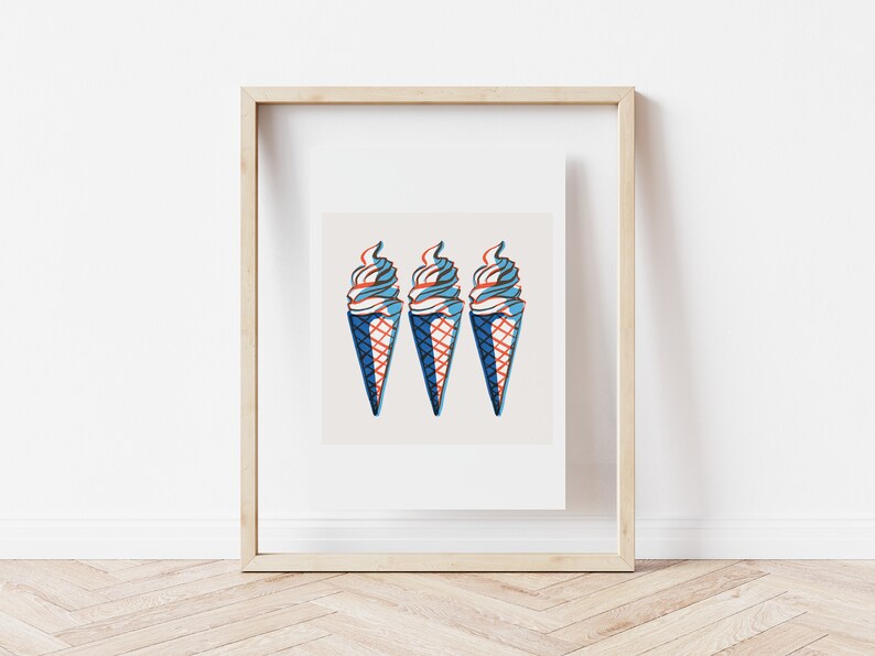 Ice Cream Cone Print, Fourth of July Printable Wall Art, July 4th Decor, Retro American Summer Poster, Instant Digital Download image 4