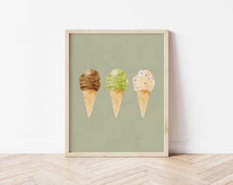 Stampa acquerello di un cono gelato, decorazione murale estiva (download digitale)