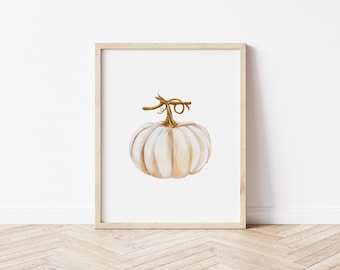 Lámina de acuarela de calabaza blanca, decoración otoñal neutra (descarga digital)