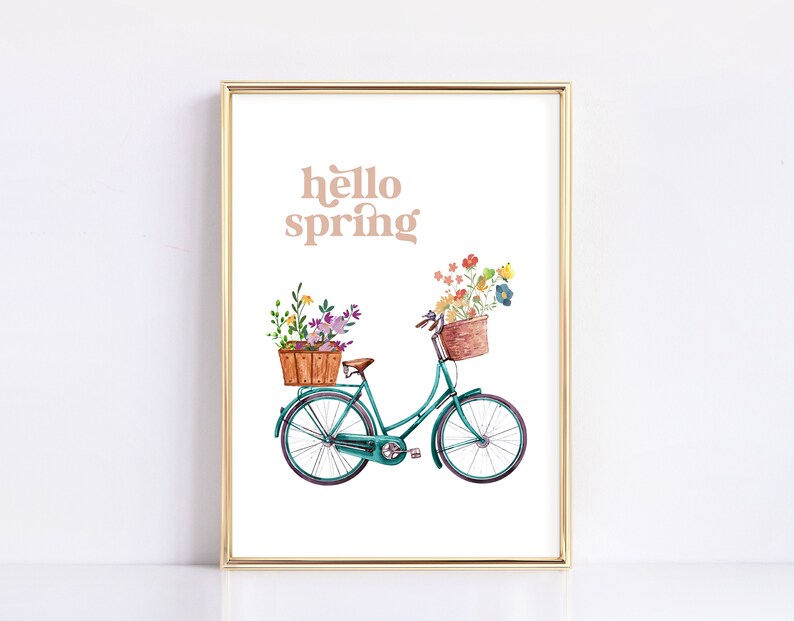 Frühlingsdekor, Hello Spring Druckbare Wandkunst, Fahrrad mit Blumen Druck, Bauernhaus Frühlingsdeko, Pastell Frühlingsdruck DIGITAL DOWNLOAD Bild 5