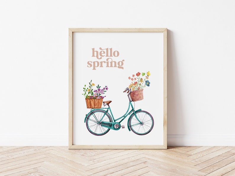 Frühlingsdekor, Hello Spring Druckbare Wandkunst, Fahrrad mit Blumen Druck, Bauernhaus Frühlingsdeko, Pastell Frühlingsdruck DIGITAL DOWNLOAD Bild 1