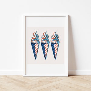 Ice Cream Cone Print, Fourth of July Printable Wall Art, July 4th Decor, Retro American Summer Poster, Instant Digital Download image 2