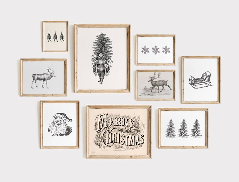 May include: A collection of framed vintage Christmas art prints. The prints feature illustrations of Santa Claus, reindeer, snowflakes, Christmas trees, and the words "Merry Christmas" in a decorative font. The art is in black and white.