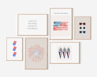 Conjunto de impressões de decoração patriótica e arte de parede da galeria July Fourth (download digital)