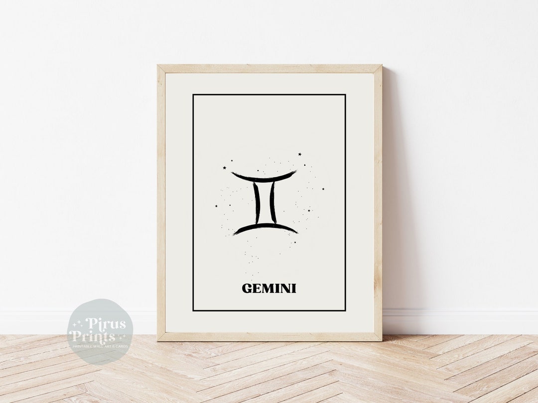 Minimalist Gemini Zodiac Print, Black and White Astrology (digital