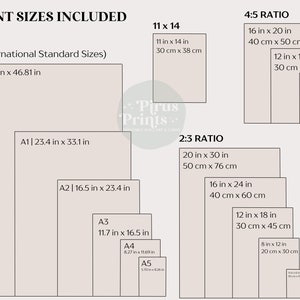 May include: An illustration showing 16 print sizes, including ISO, 4:5, and 2:3 ratios. Sizes range from A0 (33.11 x 46.81 inches) to A5 (5.70 x 8.26 inches), and 8x10 inches to 20x30 inches. The image includes the text "16 PRINT SIZES INCLUDED".