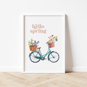 Frühlingsdekor, Hello Spring Druckbare Wandkunst, Fahrrad mit Blumen Druck, Bauernhaus Frühlingsdeko, Pastell Frühlingsdruck DIGITAL DOWNLOAD Bild 6