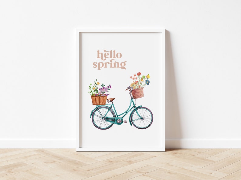 Frühlingsdekor, Hello Spring Druckbare Wandkunst, Fahrrad mit Blumen Druck, Bauernhaus Frühlingsdeko, Pastell Frühlingsdruck DIGITAL DOWNLOAD Bild 6