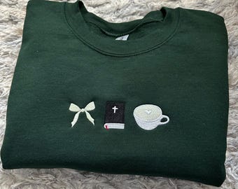 Bible Embroidered Sweatshirt | Matcha Crewneck | Bow Sweatshirt | Christian Catholic Crewneck | Matcha Lover Sweatshirt | Faith Sweater