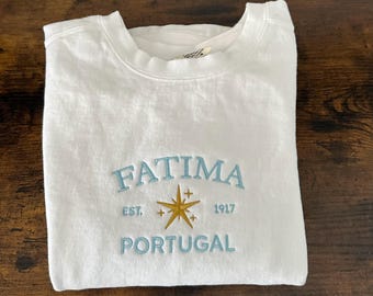 Fatima Embroidered Sweater | Marian Crewneck Pilgrimage | Catholic | Virgin Mary | Our Lady Devotion | Portugal Apparition | Comfort Colors