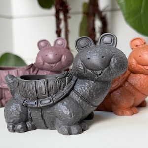 Puede incluir: Tres macetas con forma de tortuga en tonos grises, malva y naranja. Las macetas tienen un acabado texturizado y una cara sonriente de rana. El caparazón de tortuga forma el cuerpo de la maceta, que está abierta en la parte superior para las plantas.