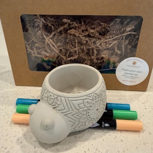 Könnte beinhalten: Ein graues, gemustertes Pflanzgefäß-Set mit runder Öffnung und seitlichem Design. Das Set enthält einen Karton mit Sichtfenster, Marker in verschiedenen Farben und den Text "Paint your own planter kit."
