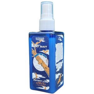 May include: A blue plastic bottle with a white spray nozzle. The bottle is labeled "Outdoor Oddities Bat Bait" and "Potent Lure Made with Natural Oils 4 oz (120ml)". The label also features a cartoon bat and a moon.