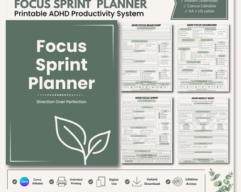 ADHD-planner afdrukbare pdf | Digitale ADHD-planner | Planner voor uitvoerende disfunctie | GoodNotes en canvas bewerkbaar | Focussprintplanner