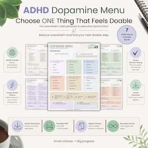Utskrivbar dopaminmeny för ADHD | Verktyg för exekutiv dysfunktion | Neurodivergent produktivitetsplanerare | Redigerbar PDF i Canva