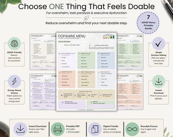 ADHD-dopaminemenu afdrukbaar | Tool voor uitvoerende disfunctie | Neurodivergente productiviteitsplanner | Canva-bewerkbare pdf