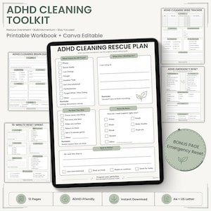Op de afbeelding: Een ADHD-schoonmaakwerkboek weergegeven op een tabletscherm, met een centrale pagina voor een schoonmaakreddingsplan met selectievakjes en prompts. De omliggende pagina's bevatten een tracker voor successen, een brain dump en een 15-minuten sprint.