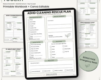 ADHD-reinigingstoolkit, planner voor uitvoerende disfunctie, checklist voor kamers, bewerkbaar op canva (pdf-download)