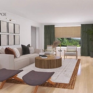 May include: A modern living room interior design with neutral tones. Features a light-colored sofa, wooden coffee table, and accent chairs. The room includes a fireplace, framed artwork, and a rug. The text "STUDIO POE" is visible.