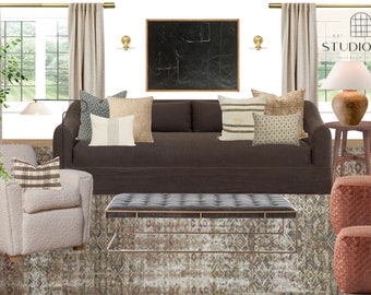 Custom Moodboard Interior Design | E-design | Living Room Design | Amber Interiors Inspired Design | California Cool | Modern | Warm Living