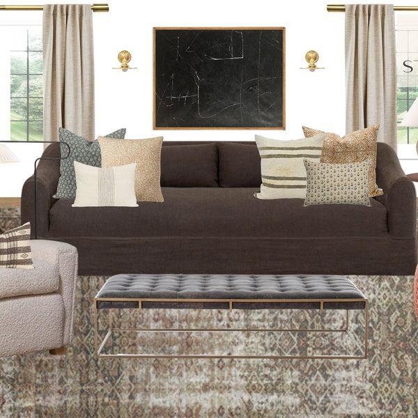 Custom Moodboard Interior Design | E-design | Living Room Design | Amber Interiors Inspired Design | California Cool | Modern | Warm Living