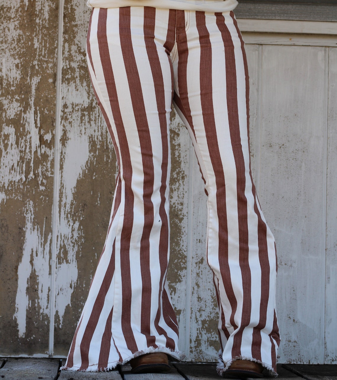 Striped Denim Flare Stretched Jeans With Fringed Detail Etsy