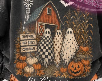 Tis The Season Ghost Trio PNG, Pumpkin Patch Ghosts Design, Farmhouse Halloween PNG, Checkered Floral Polka Dot Ghosts, Fall Shirt Png