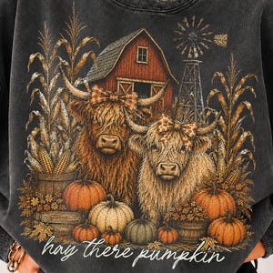 Può includere: Una felpa girocollo grigio antracite con una stampa grafica di due mucche highland con fiocchi a quadri, un fienile rosso, un mulino a vento, steli di mais e zucche. Il testo "hay there pumpkin" è stampato in bianco nella parte inferiore.