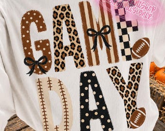 Game Day PNG, Preppy Football Design, Leopard Checkered Polka Dot Football Shirt Graphic, Coquette Bow Sublimation