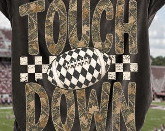 Camo Checkered Football Touchdown PNG, Game Day Football Png, Football Mom PNG, Fall Sports PNG, Football Season Png, Distressed Sports Png