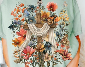 Printemps floral croix foi PNG, chemise Jésus à la mode png, Christian Png, preppy pâques png, verset de la Bible png, foi Png, fichier png chrétien de Pâques