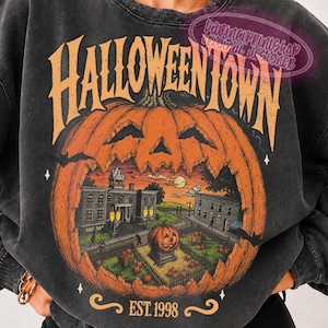Op de afbeelding: Een antracietgrijze sweater met ronde hals en een grote grafische print van een uitgesneden pompoen. In de pompoen staat een stadsgezicht met gebouwen, een pompoenstandbeeld en de tekst HALLOWEEN TOWN en EST. 1998 in oranje letters.