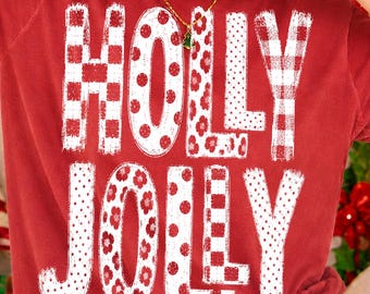 Holly Jolly Christmas PNG, Patterned Holiday Letter Design, Buffalo Plaid Polka Dot Christmas Sublimation, Distressed Xmas Shirt Graphic