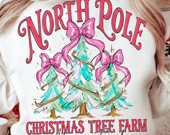 North Pole Christmas Tree Farm PNG, Pink Bow Christmas Trees, Preppy Holiday Sublimation, Girly Christmas Shirt Design, Pastel Xmas PNG