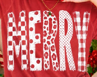 Merry Christmas PNG, Patterned Holiday Letter Design, Buffalo Plaid Polka Dot Christmas Sublimation, Distressed Xmas Shirt Graphic