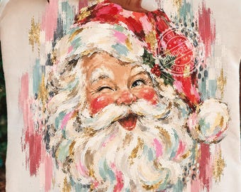 Vintage Santa PNG, Retro Santa Claus Face PNG, Pink Christmas Santa Design, Distressed Brush Stroke Holiday Sublimation Shirt PNG