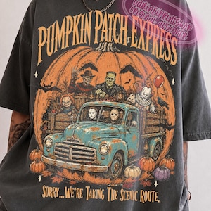 Vintage Halloween Horror Characters PNG, Pumpkin Patch Express Truck Design, Retro Spooky Movie Monsters, Halloween Sublimation, Fall png