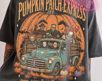 Vintage Halloween Horror Characters PNG, Pumpkin Patch Express Truck Design, Retro Spooky Movie Monsters, Halloween Sublimation, Fall png