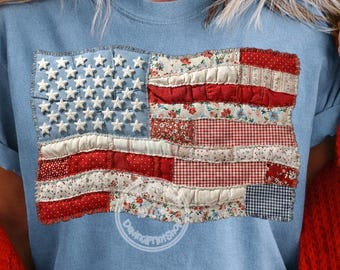 Faux Quilted American Flag PNG, Vintage Patchwork Patriotic Design, 4th of July Sublimation Graphic, Cottagecore USA Flag