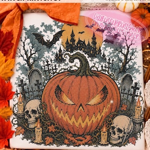 Vintage Halloween Pumpkin PNG, Jack O Lantern PNG, Spooky Halloween Shirt Design, Gothic Halloween Art, Fall Sublimation, Digital Download image 3