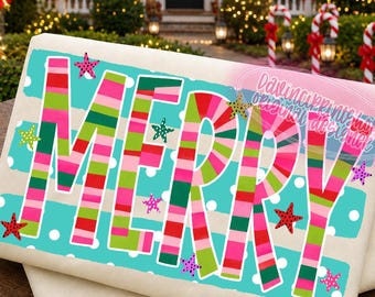 Preppy Merry PNG, Girly Pink Green Striped Lettering, Polka Dot Holiday Design, Colorful Retro Xmas Shirt Sublimation, Trendy Christmas png