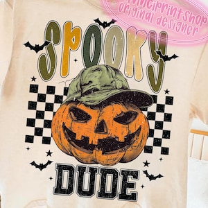 Spooky Dude Pumpkin Face Halloween Boy Kid PNG, Checkered Halloween png, Spooky Season png, Halloween Shirt png, Retro Halloween png, Boy