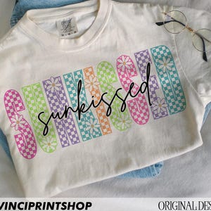 Checkered Neon Sunkissed PNG, Floral Summer png, Retro Summer Shirt png, Beach PNG, Sun png, Vacation png, Summertime png, Digital Download