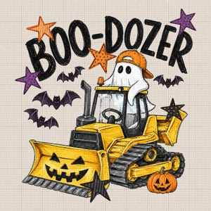 May include: A yellow bulldozer with a jack-o'-lantern face on the blade, operated by a white ghost wearing an orange baseball cap. The illustration features the text BOO-DOZER, purple and orange stars, and black bats on a grid background.