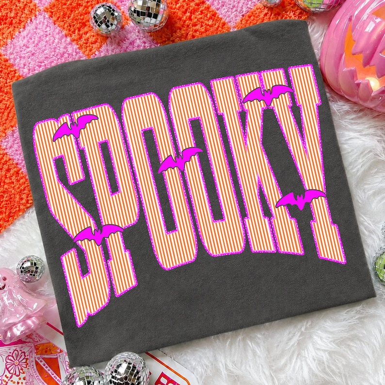 Preppy Spooky PNG Bundle, Varsity Halloween PNG, Striped Preppy Shirt Design, Cute Bat Shirt Design, Girly Halloween Sublimation image 5