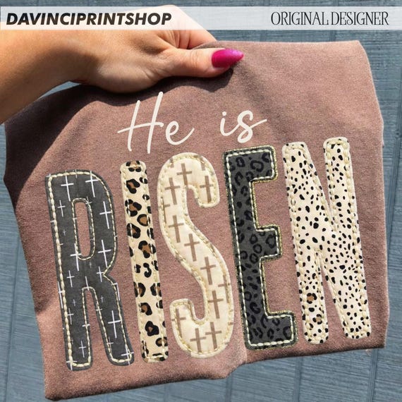 He is Risen Png, Faux Quilted Religious Shirt PNG, Faux Embroidered Christian Woman Sublimation Design, Leopard Print png