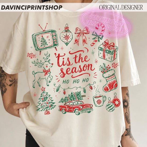 Tis The Season Christmas PNG, Retro Christmas PNG, Vintage Holiday Clipart, Christmas Doodle Sublimation Design, Festive Xmas Download