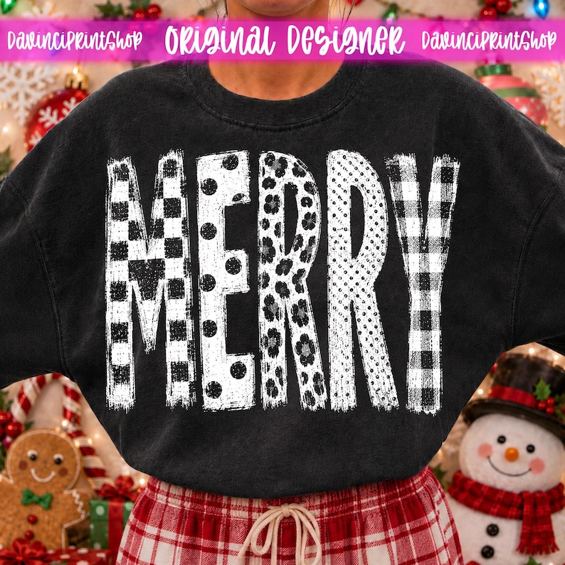 May include: A black crewneck sweatshirt featuring the word MERRY printed in large white letters. Each letter displays a distinct pattern: a checkerboard, polka dots, leopard print, small dots, and a buffalo plaid design on the final letter.