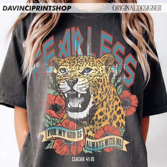 Fearless Leopard PNG, Vintage Christian Bible Verse Design, Isaiah 41:10 Religious T-Shirt Graphic – Retro Faith Sublimation PNG